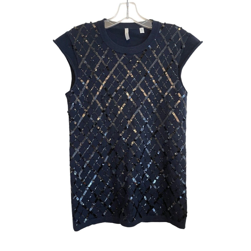 Iisli Sleeveless 100% Cashmere Sweater Size Medium Sequins Navy Blue Dressy Glam